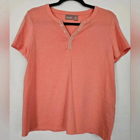 Chico's Tops - Chicos size 1 coral pink color short sleeve v-neck top with sequins at neckline
